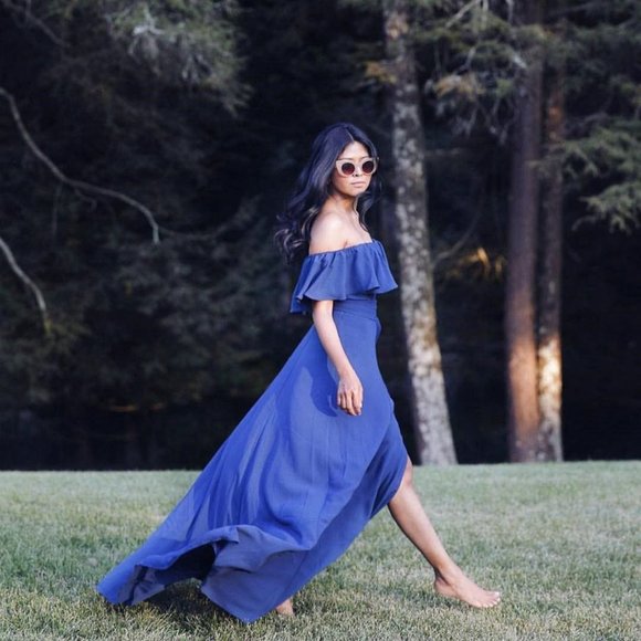 Yumi Kim Blue Carmen Ruffle Off the Shoulder Sash Tie Flowly Dress XS NWT 278.00 - Picture 1 of 8